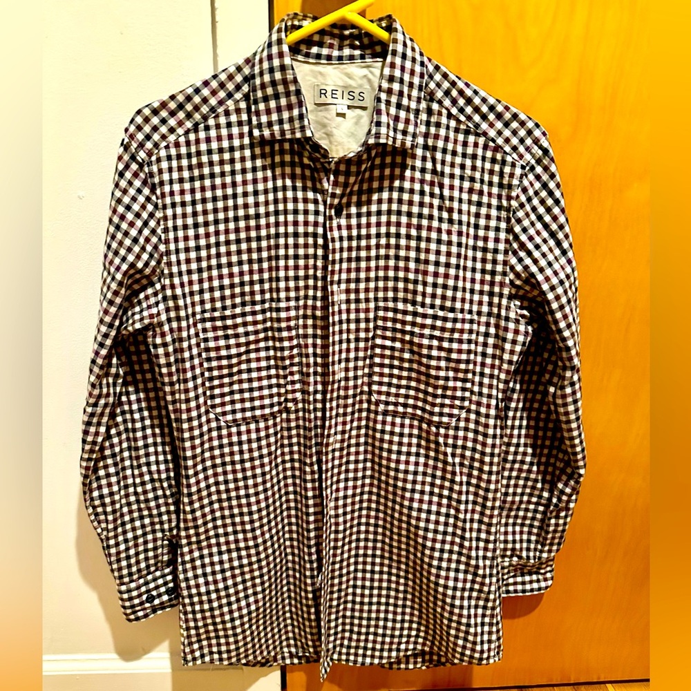 Reiss Men’s Shirt, Small, White, Cranberry, Navy Pattern. Button Down. EUC